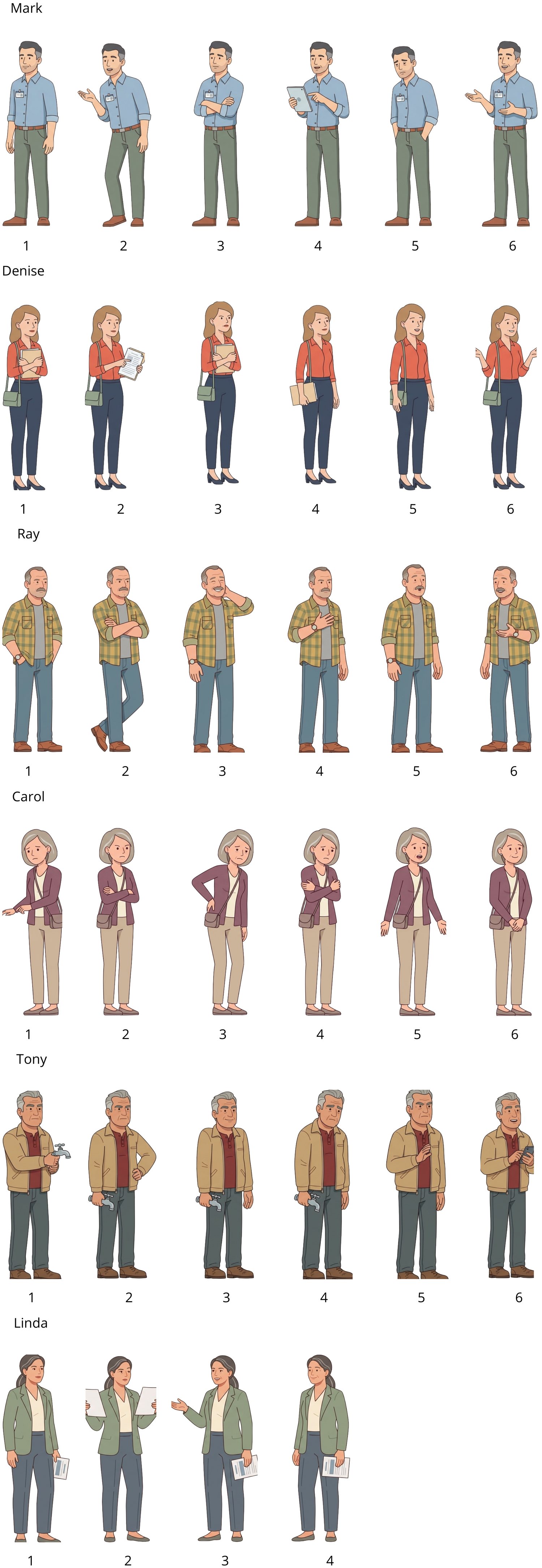 Pose sheets for all six characters: Mark the salesperson, Denise, Ray, Carol, Tony and Linda the manager, each in six poses.