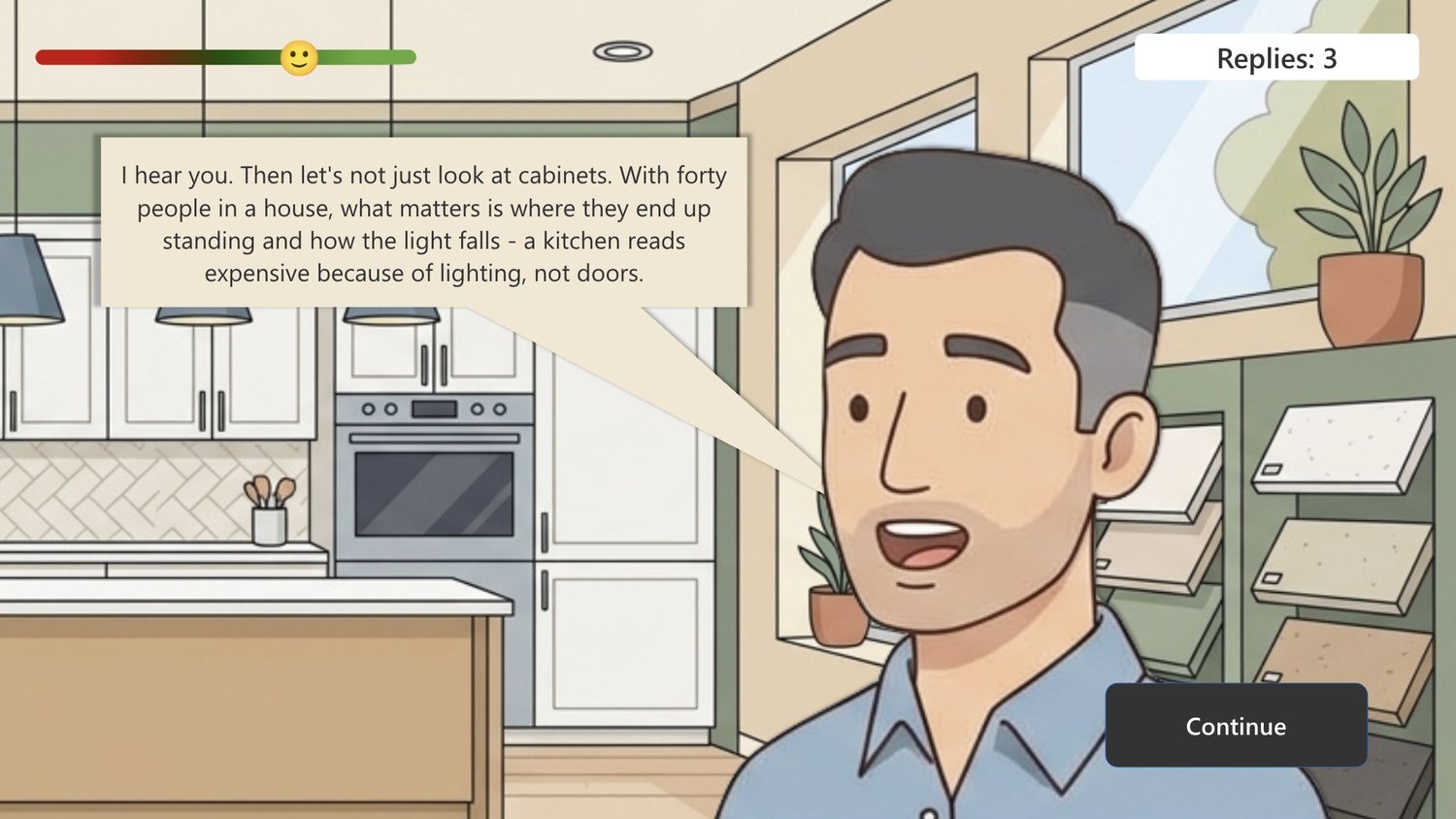 Close-up of Mark delivering his reply about lighting rather than cabinet doors.