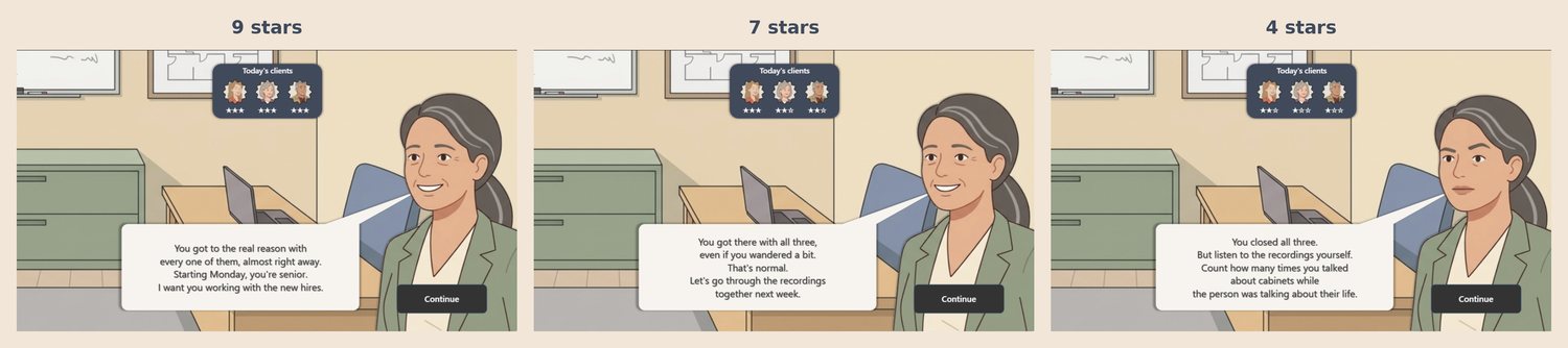 Three versions of the final conversation with Linda, at nine, seven and four stars.