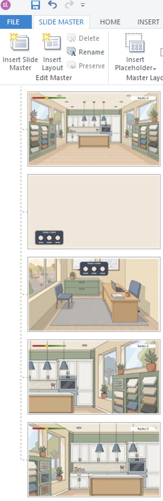 Storyline slide master panel showing five layouts: dialogue, close-up left, close-up right, achievement and office.