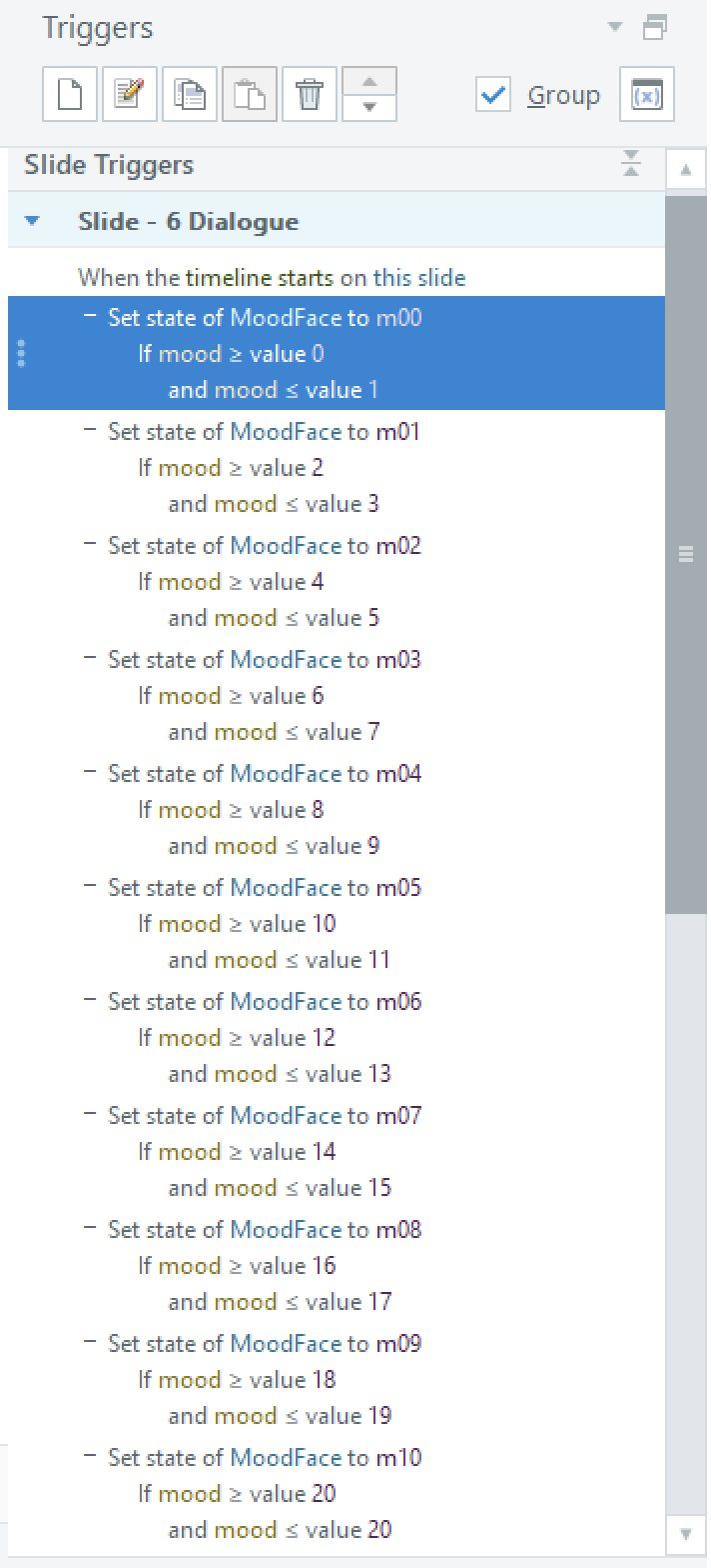 The same triggers rewritten as ranges: set face to m00 if mood is between 0 and 1, m01 if between 2 and 3, and so on.