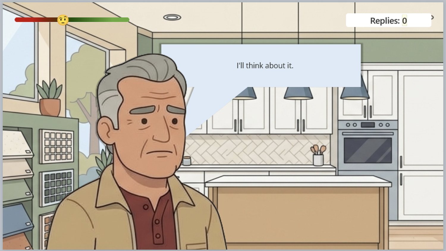 Close-up of Tony answering 'I'll think about it' to the question 'How old is she?'