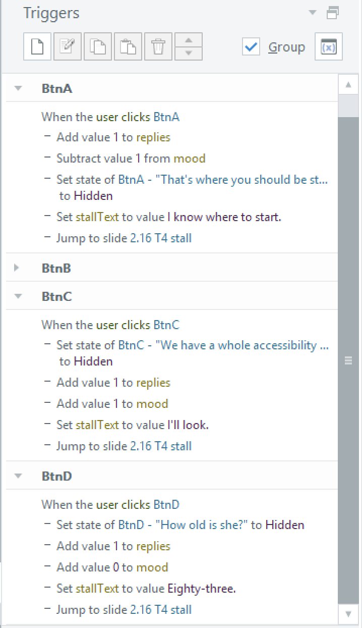 Storyline trigger panel showing three wrong buttons, each setting the stallText variable to its own line before jumping to the same slide.