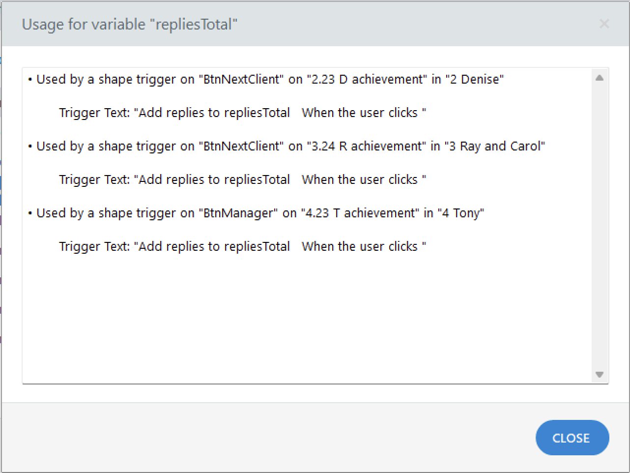 The Usage window for the repliesTotal variable, listing the three triggers that reference it.