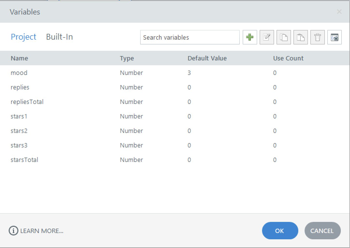 Storyline variables window: seven variables, all with a use count of zero.