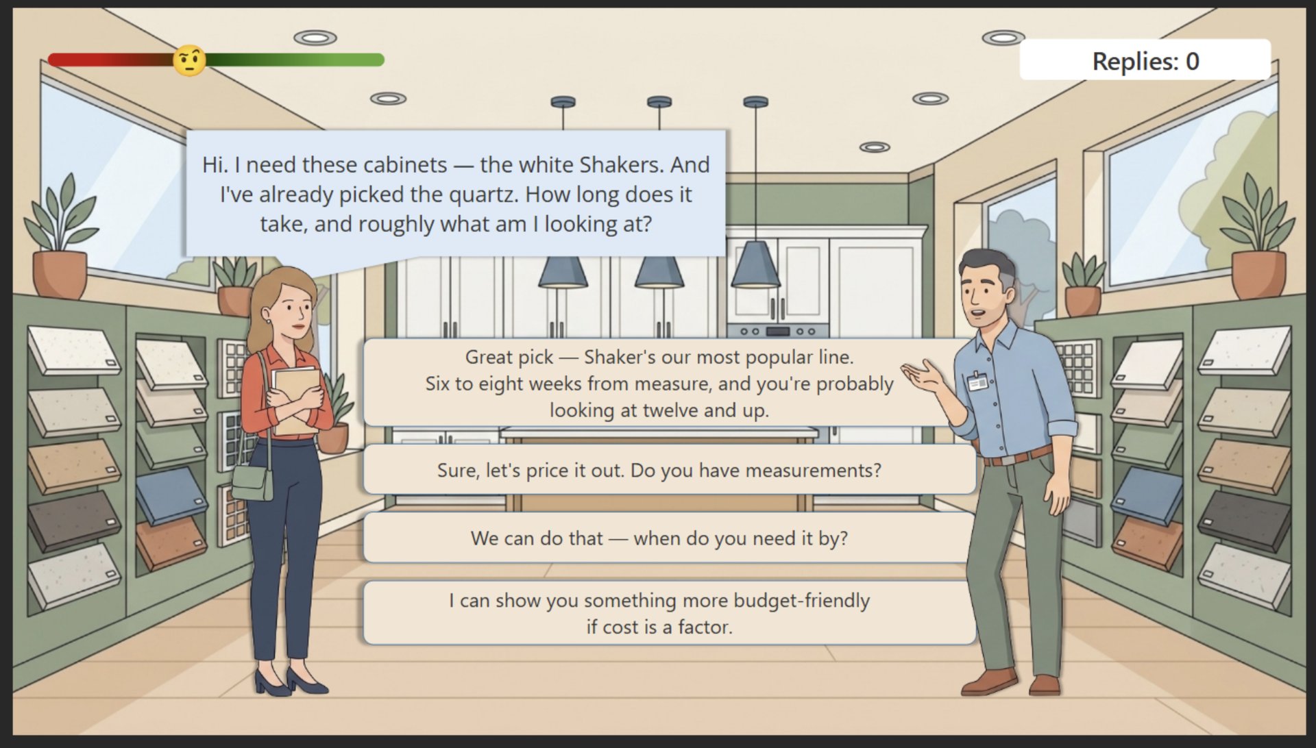 A dialogue screen from the course: a customer stands in a kitchen showroom, her line in a blue speech bubble above her, and four possible replies laid out for the salesperson.