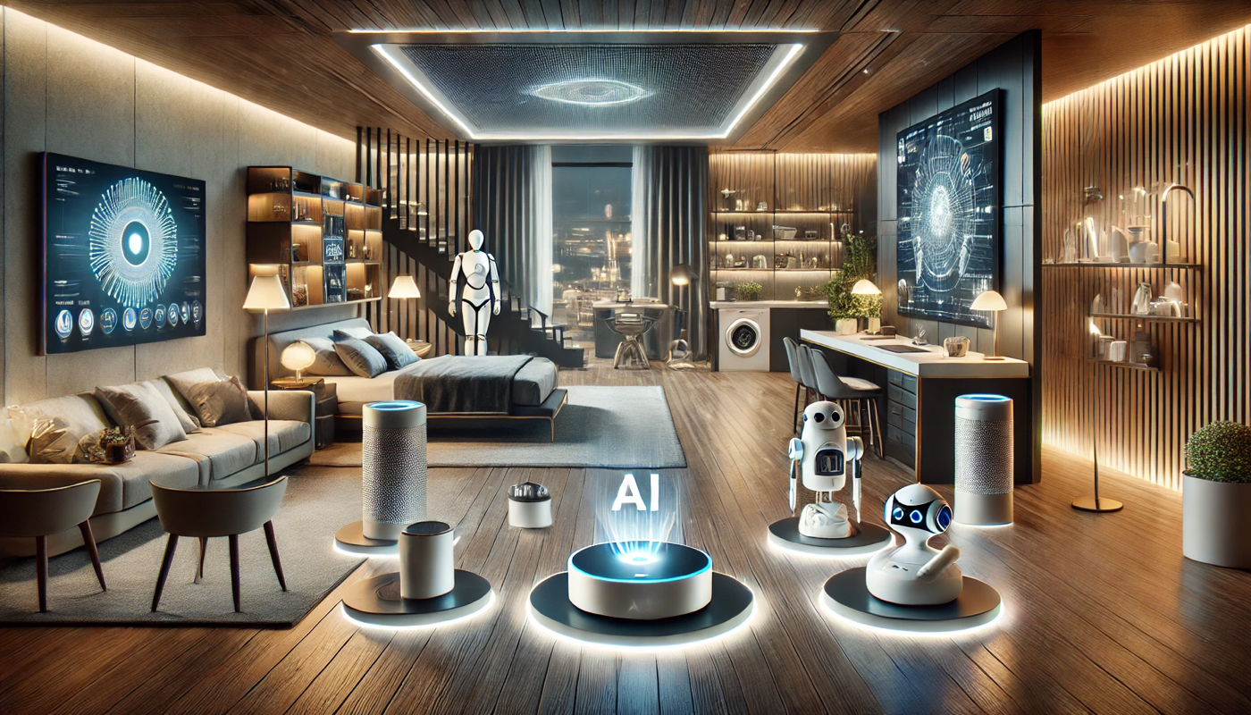 A futuristic home with AI-powered devices like smart assistants, automated lighting, and robotic appliances.