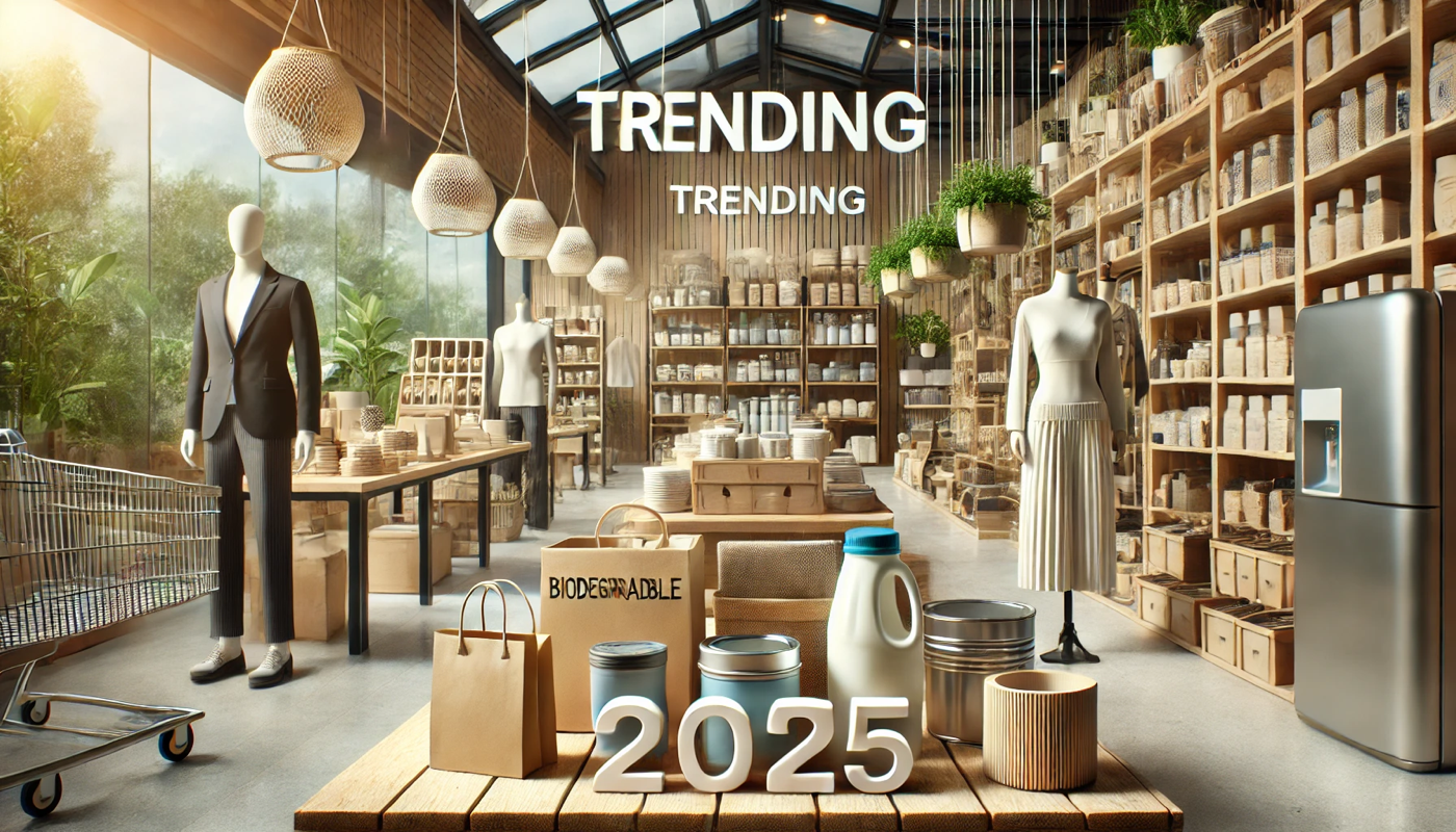 A retail store showcasing biodegradable packaging, reusable household items, and sustainable fashion.
