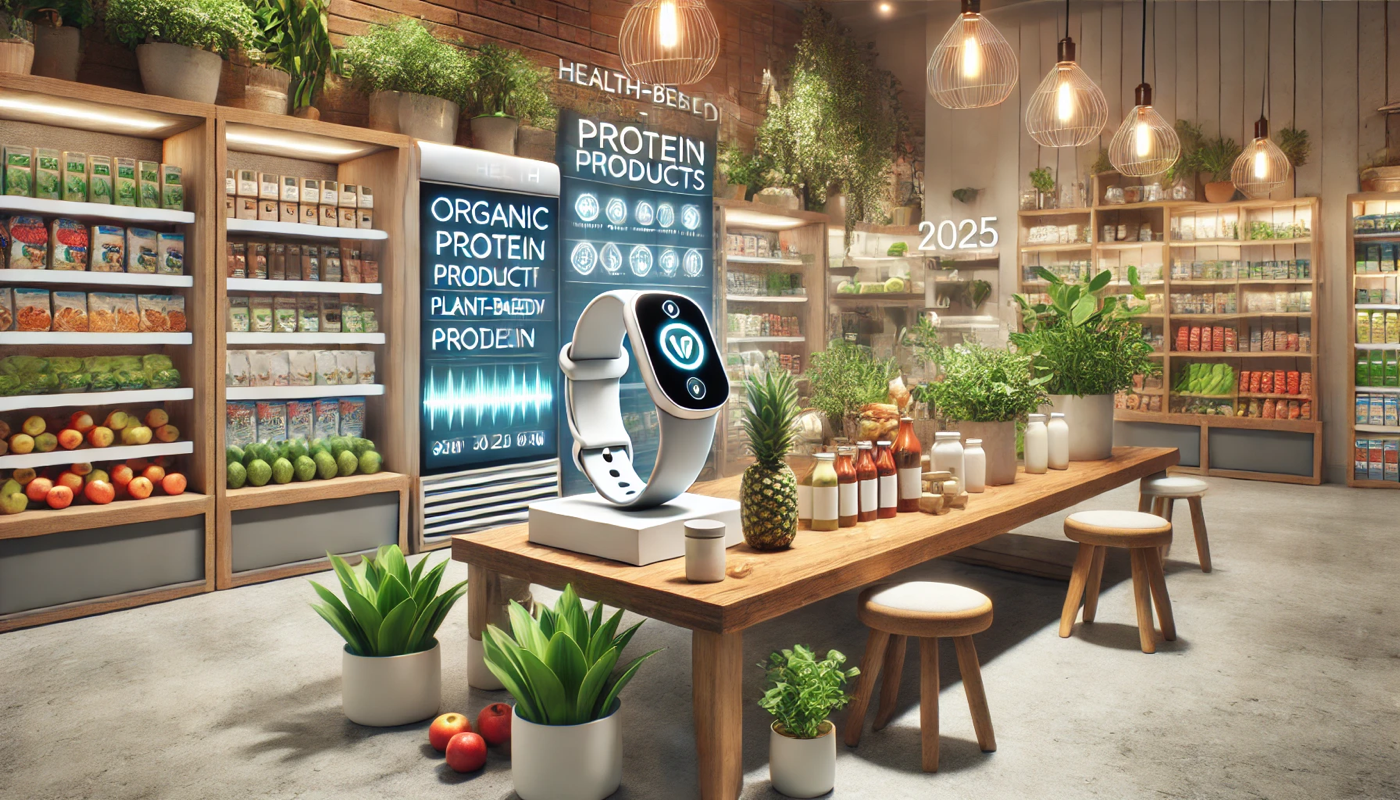 A modern health store featuring organic foods, plant-based protein, and wearable health technology.