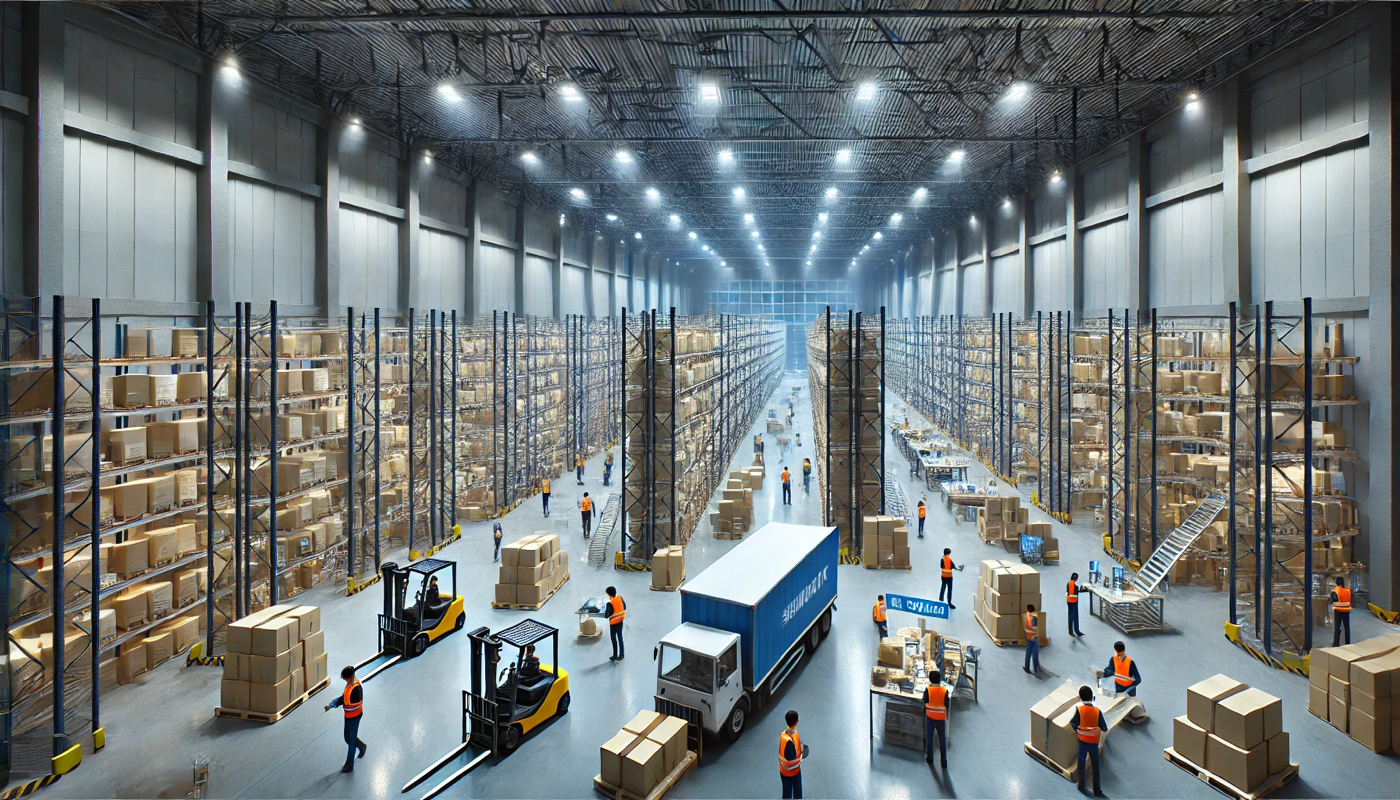 A well-organized warehouse with workers managing inventory and coordinating shipments